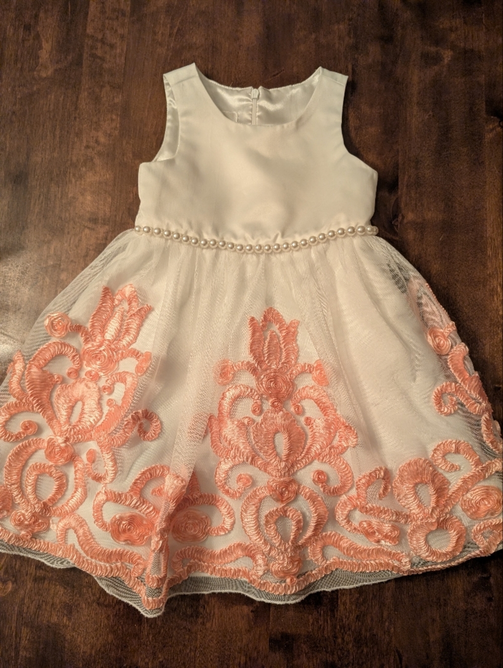 American Princess White Dress with Peach Lace and Pearl Trim/ Toddler Girl 3T